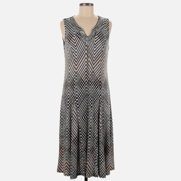 JM Collection Sleeveless Shift Dress Black Tan Geometric - Picture 1 of 12
